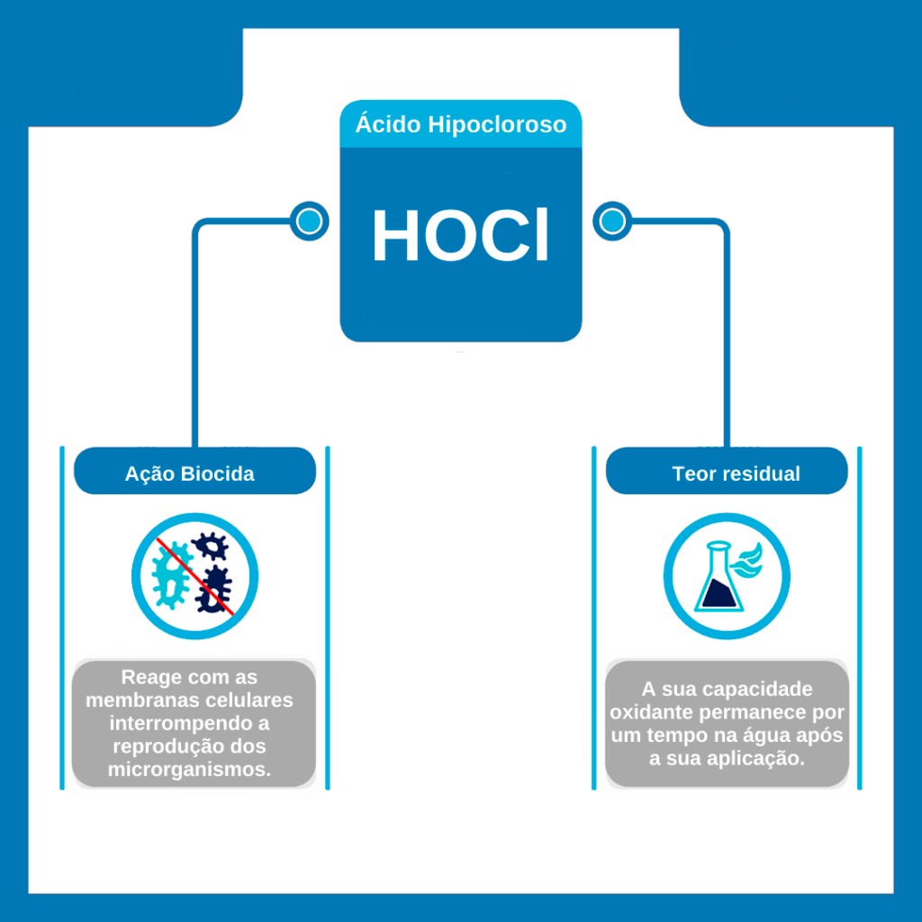 Infográfico sobre as atividades do Ácido Hipocloroso nos sistemas de água para consumo humano.