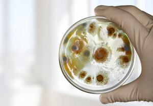 mão na luva segurando uma placa de petri com bactéria