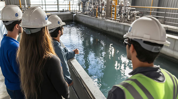 Foto de Equipe Técnica Analisando estação de tratamento de água.